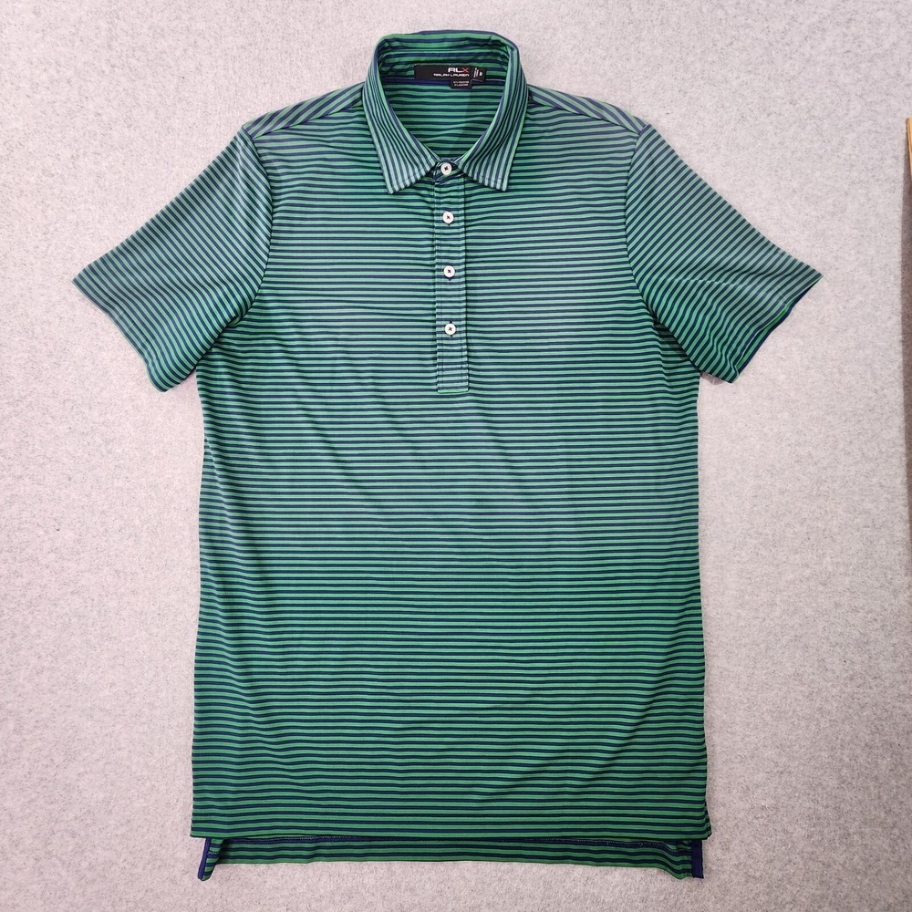 Ralph Lauren RLX Shirt Mens Medium‎ Green Blue Striped Rugby Preppy Polo